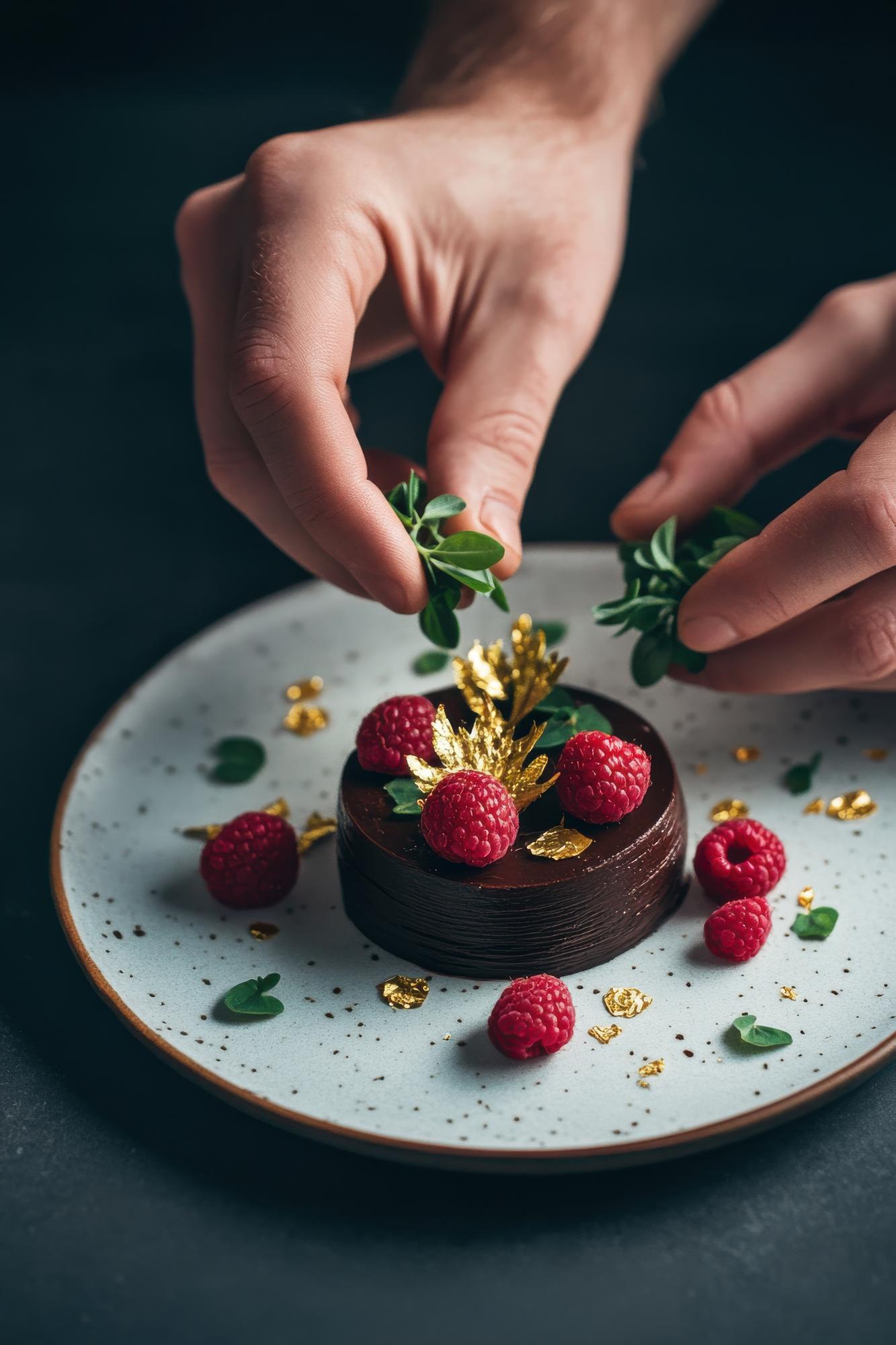 Chef arranging plated dessert in studio
