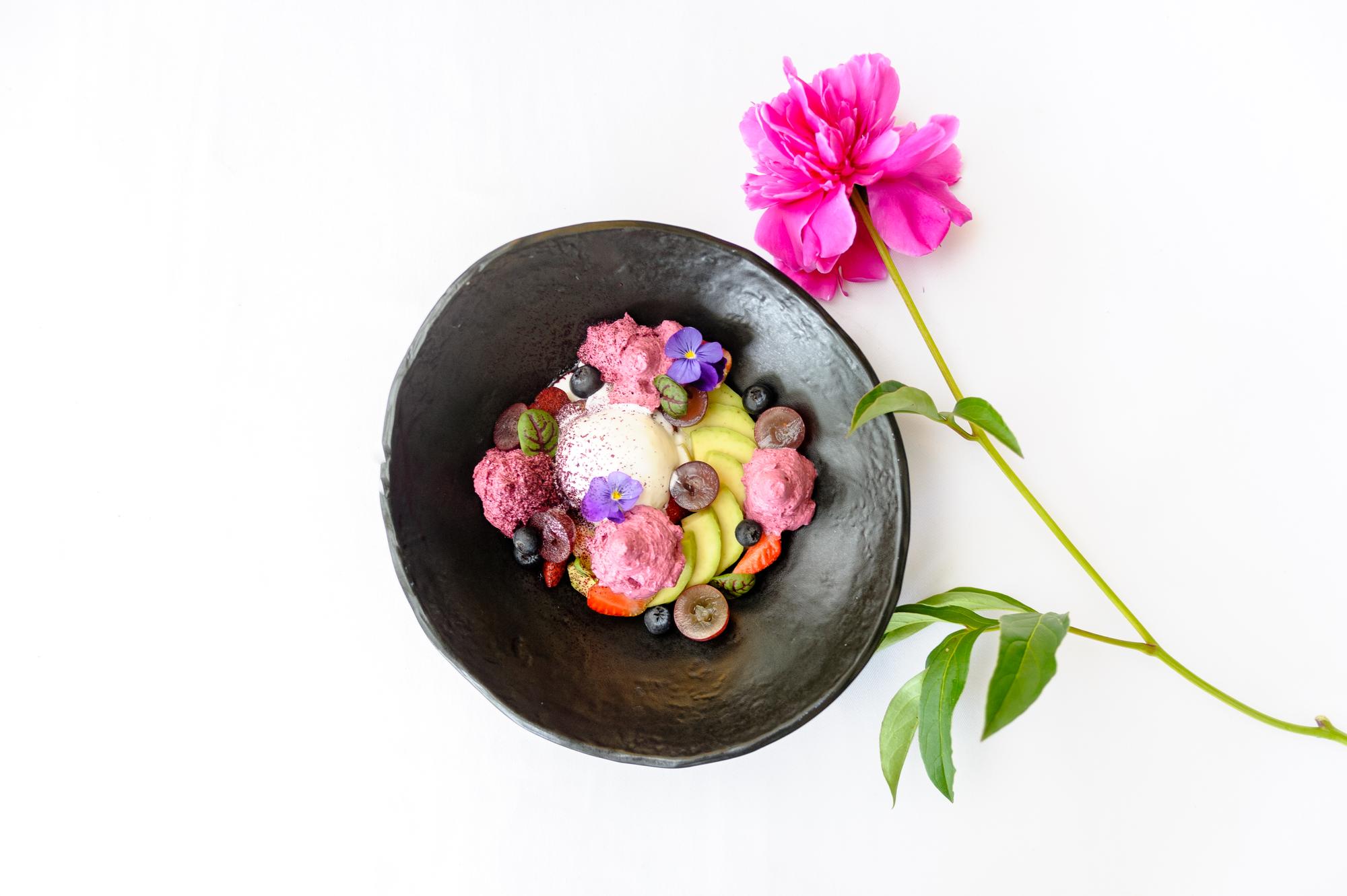 Plated starter with edible flowers